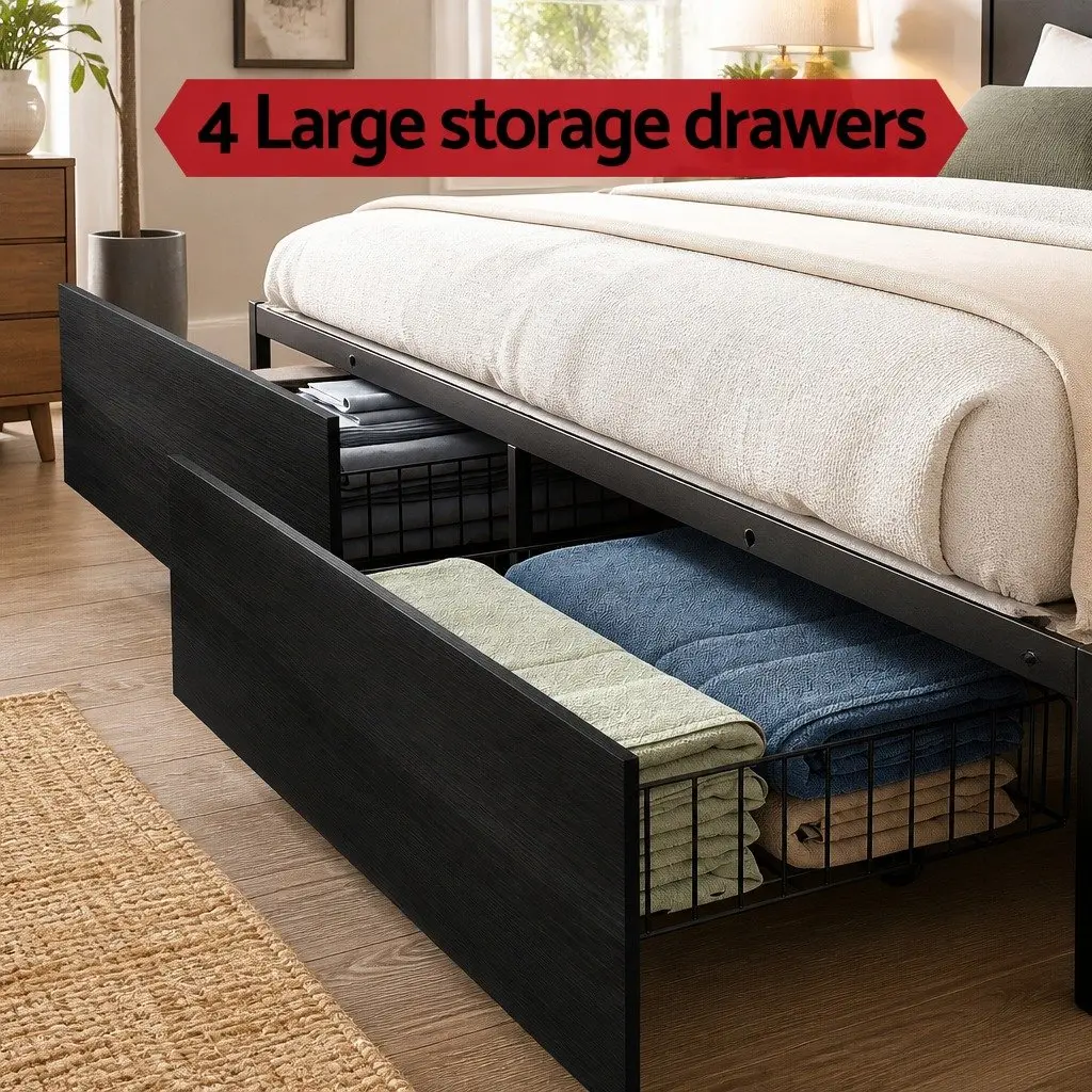 King Size Metal Bed Frame with Storage Drawers Integrated Charging Station and RGB LED Lighting