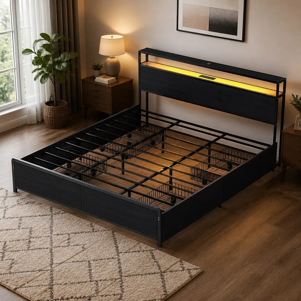 King Size Metal Bed Frame with Storage Drawers Integrated Charging Station and RGB LED Lighting