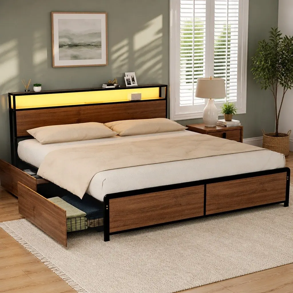 King Size Metal Bed Frame Black with Storage Headboard 4 Drawers LED Charging Station