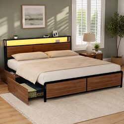 King Size Metal Bed Frame with LED Charging Station
