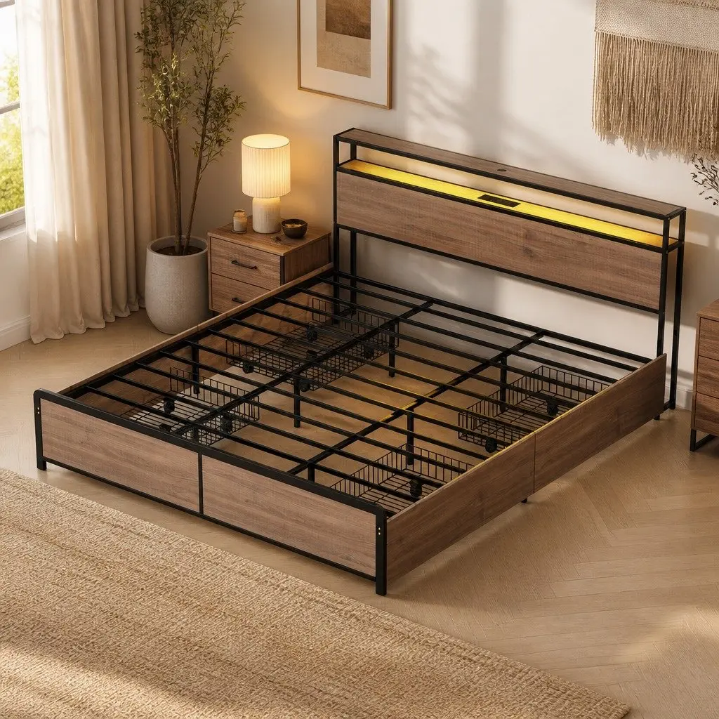 King Size Metal Bed Frame Black with Storage Headboard 4 Drawers LED Charging Station