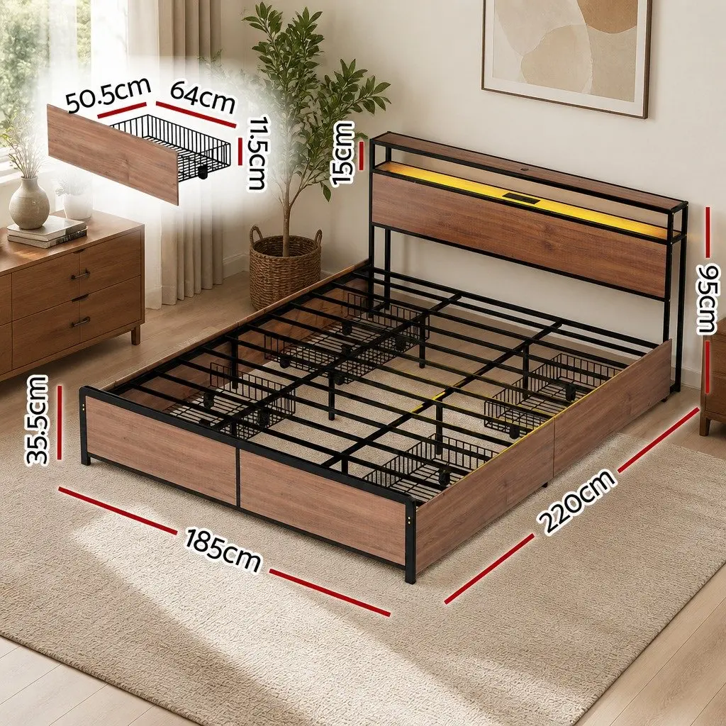 King Size Metal Bed Frame Black with Storage Headboard 4 Drawers LED Charging Station