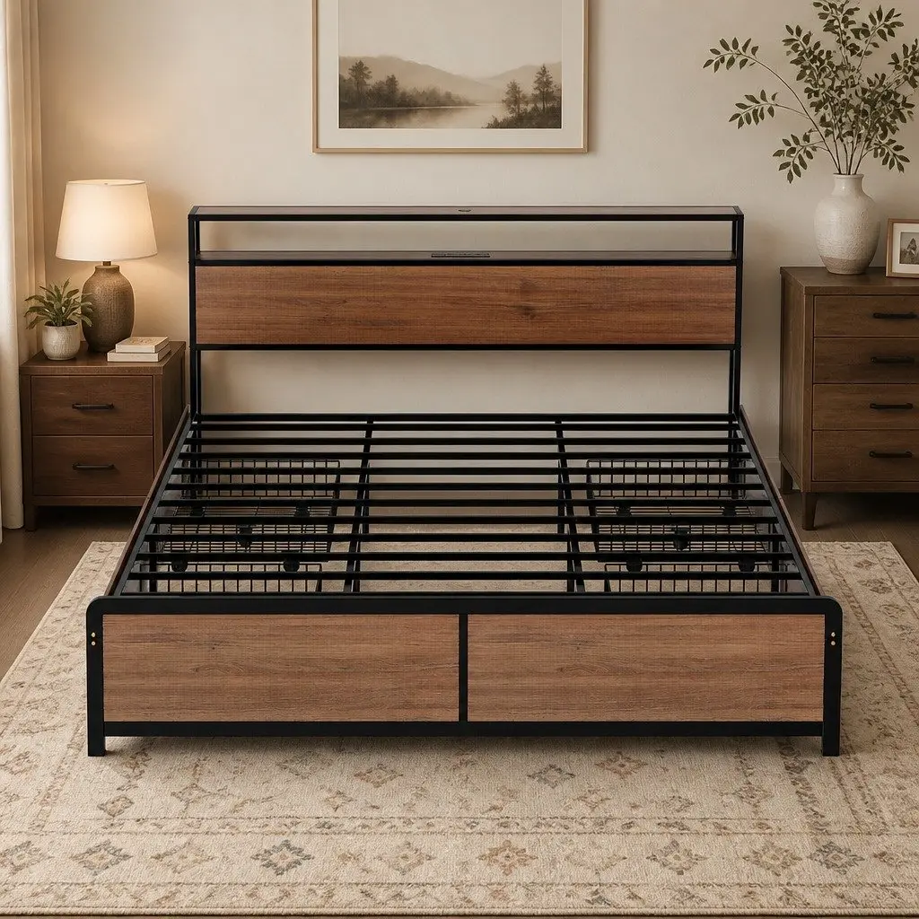 King Size Metal Bed Frame Black with Storage Headboard 4 Drawers LED Charging Station