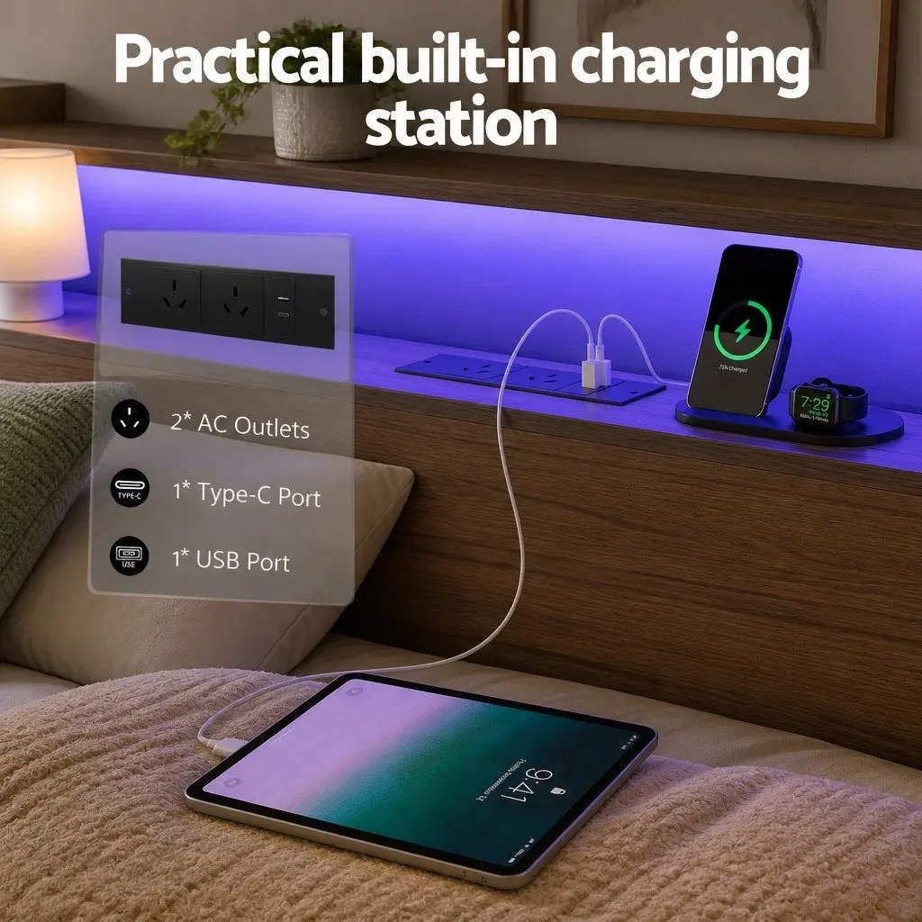 King Size Metal Bed Frame Black with Storage Headboard 4 Drawers LED Charging Station
