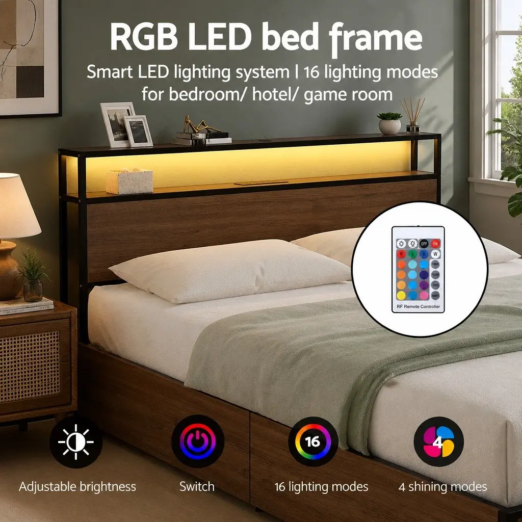 King Size Metal Bed Frame Black with Storage Headboard 4 Drawers LED Charging Station