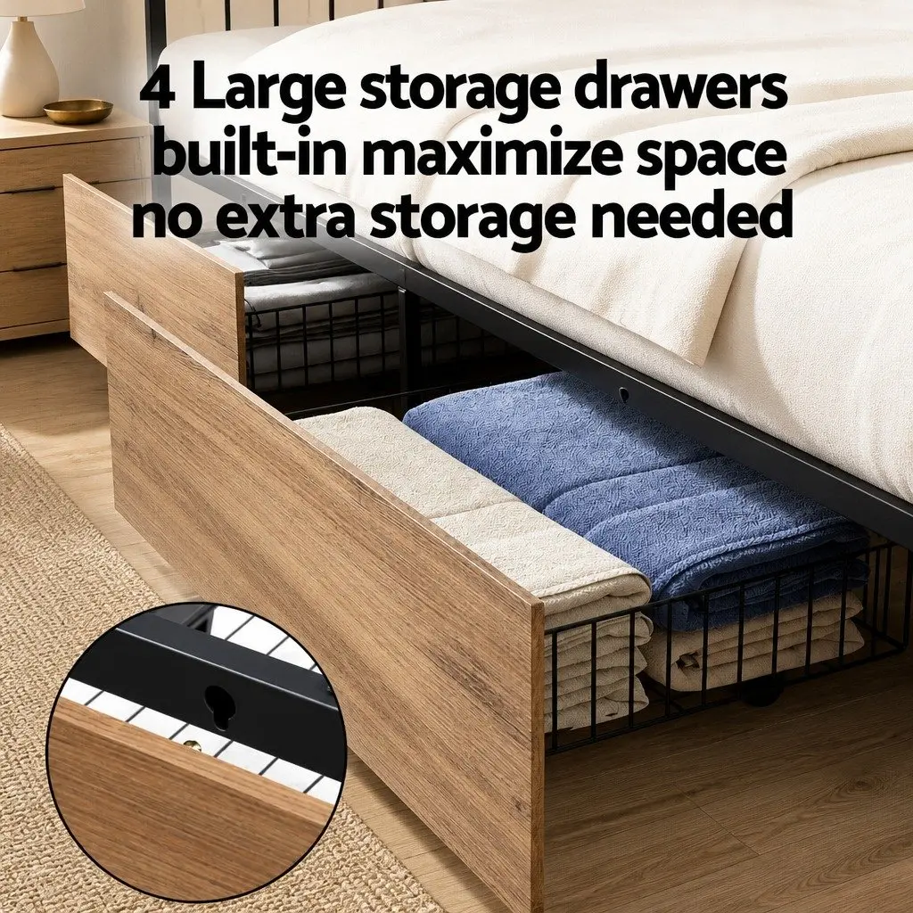 King Size Metal Bed Frame Black with Storage Headboard 4 Drawers LED Charging Station