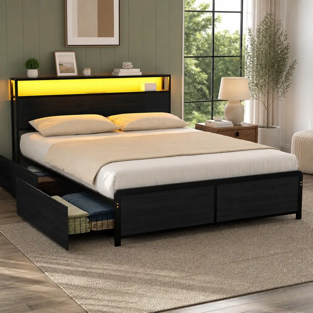 Metal Bed Frame with Integrated Charging Station and Storage Drawers for Queen Size Mattress Black