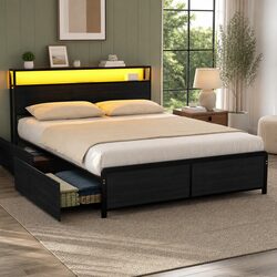 Stylish Queen Size Metal Bed Frame with Storage & LED