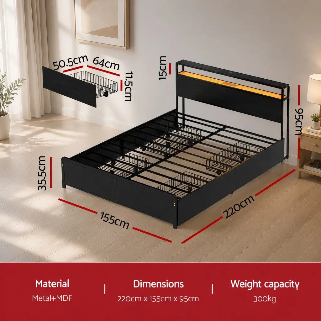 Metal Bed Frame with Integrated Charging Station and Storage Drawers for Queen Size Mattress Black