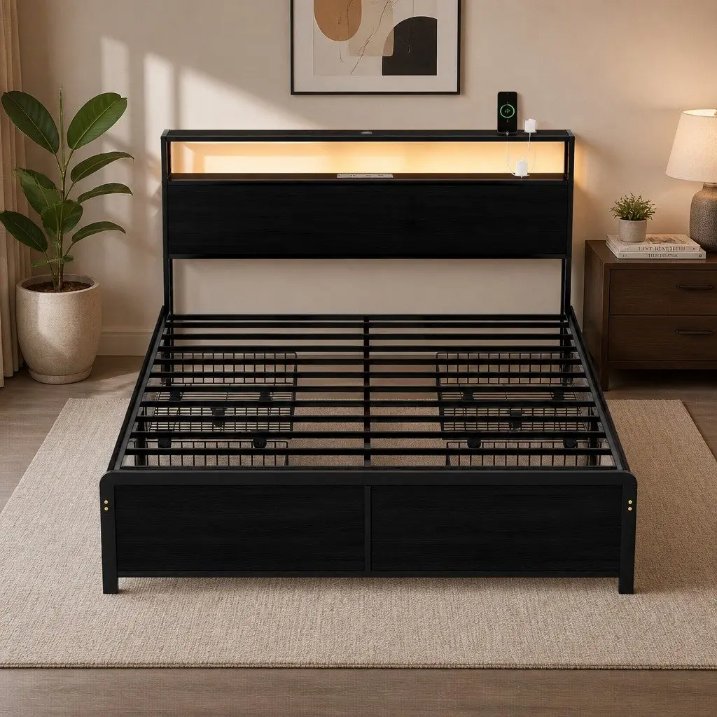 Metal Bed Frame with Integrated Charging Station and Storage Drawers for Queen Size Mattress Black