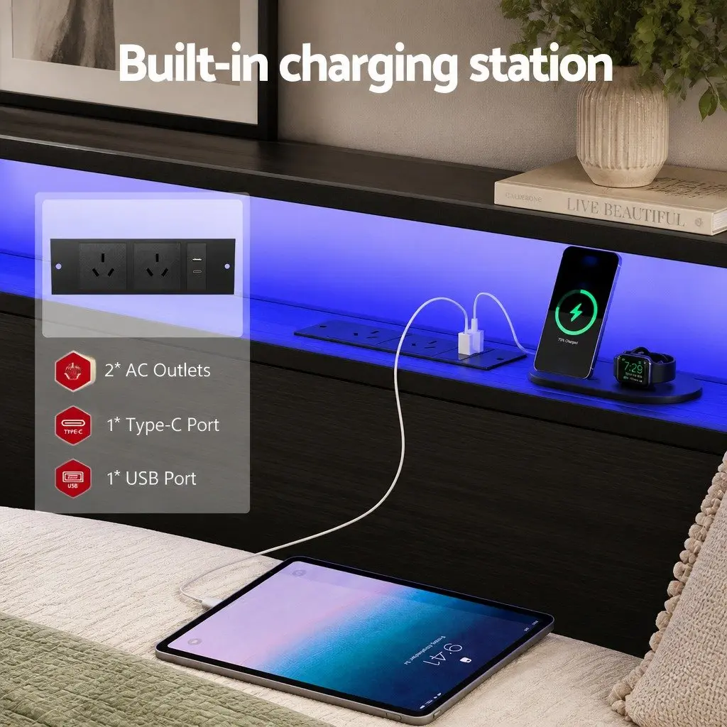 Metal Bed Frame with Integrated Charging Station and Storage Drawers for Queen Size Mattress Black