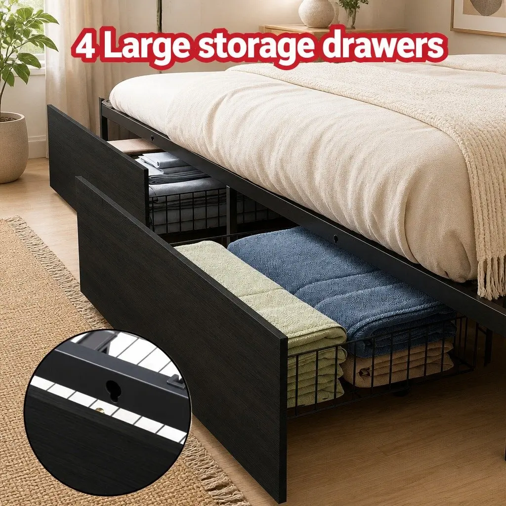 Metal Bed Frame with Integrated Charging Station and Storage Drawers for Queen Size Mattress Black