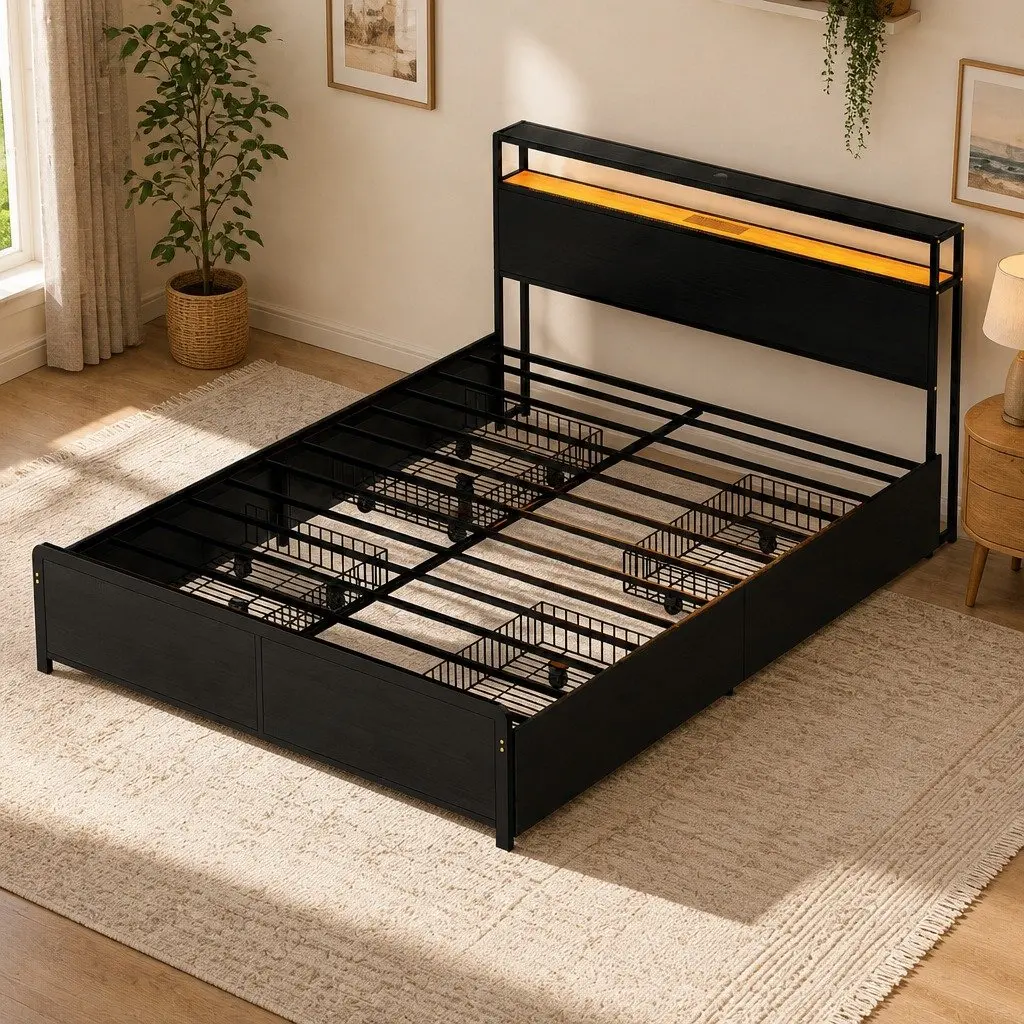 Metal Bed Frame with Integrated Charging Station and Storage Drawers for Queen Size Mattress Black