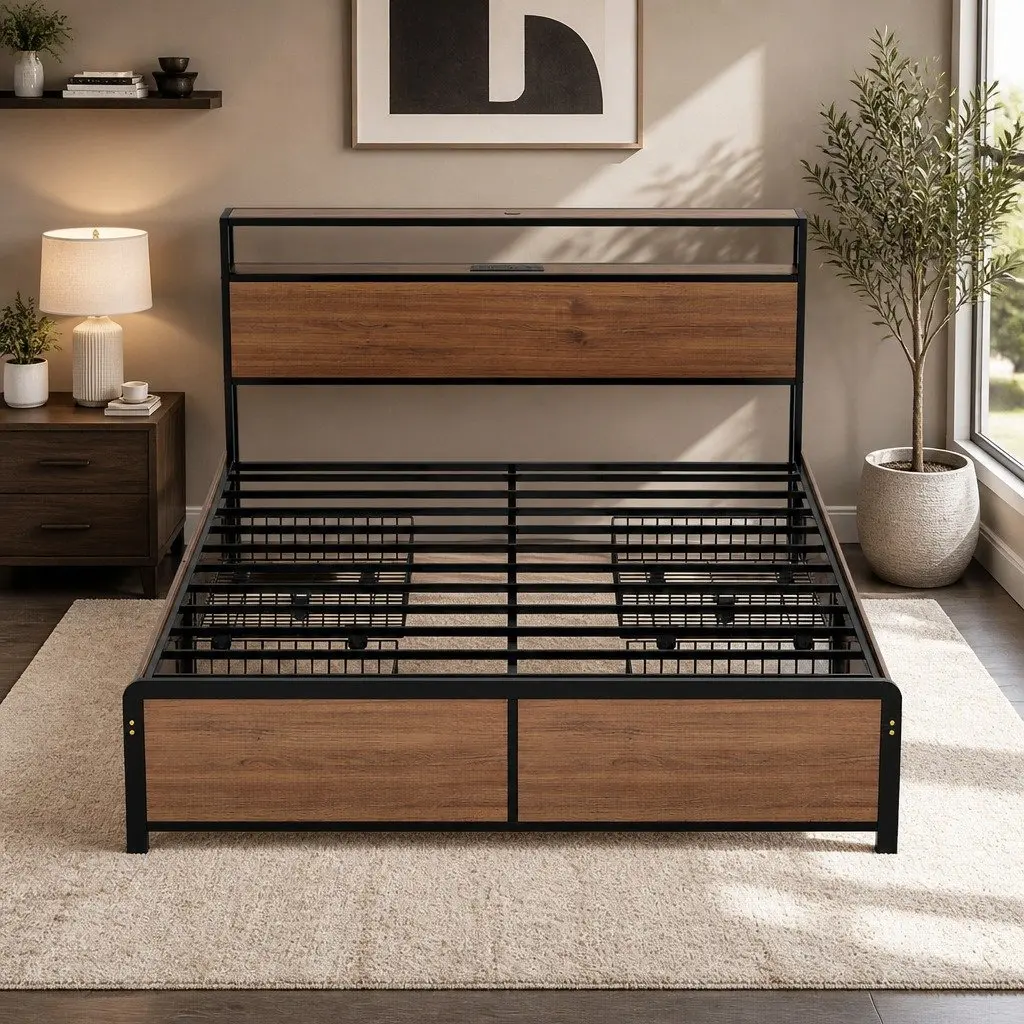 Queen Size Metal Bed Frame Black with Storage Headboard 4 Drawers LED Charging