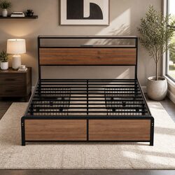 Queen Size Metal Bed Frame with LED Charging and Storage