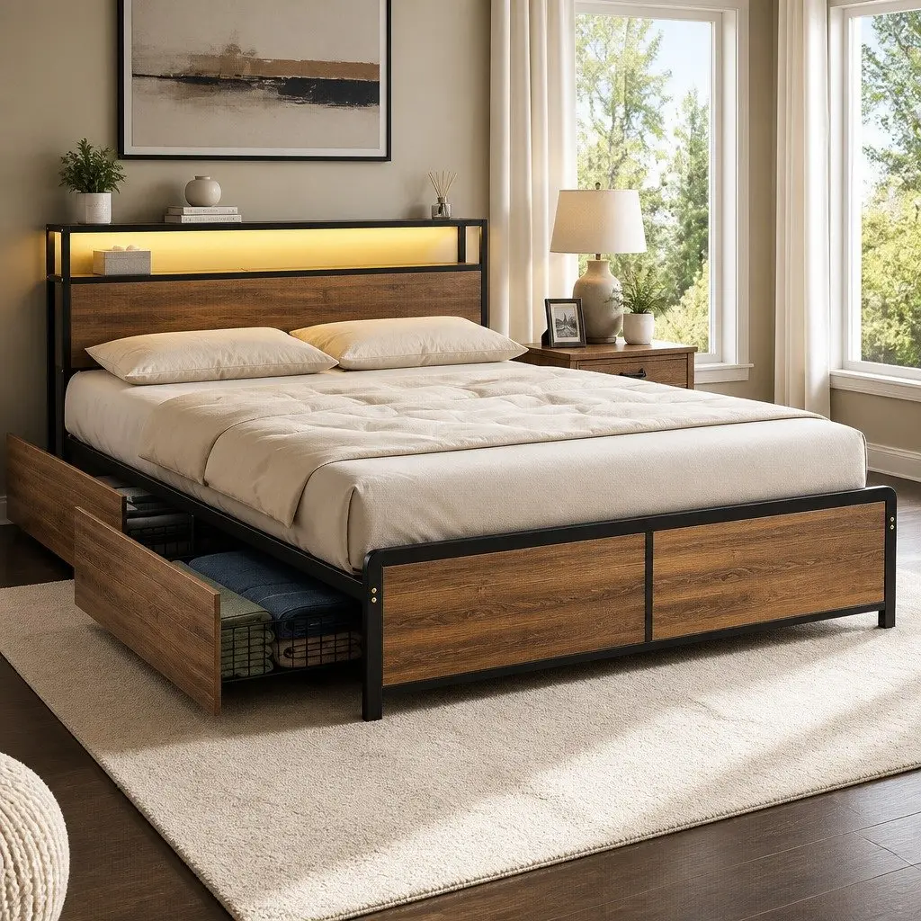 Queen Size Metal Bed Frame Black with Storage Headboard 4 Drawers LED Charging