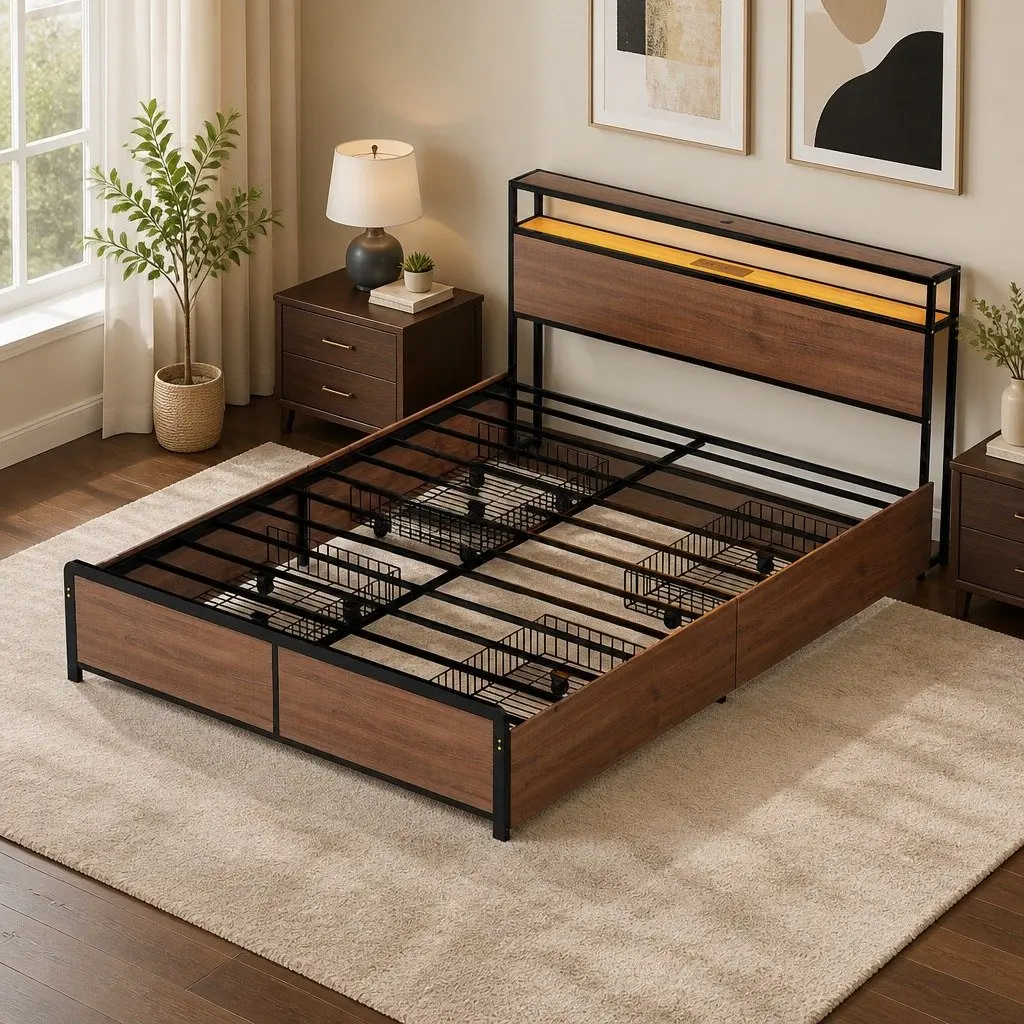 Queen Size Metal Bed Frame Black with Storage Headboard 4 Drawers LED Charging
