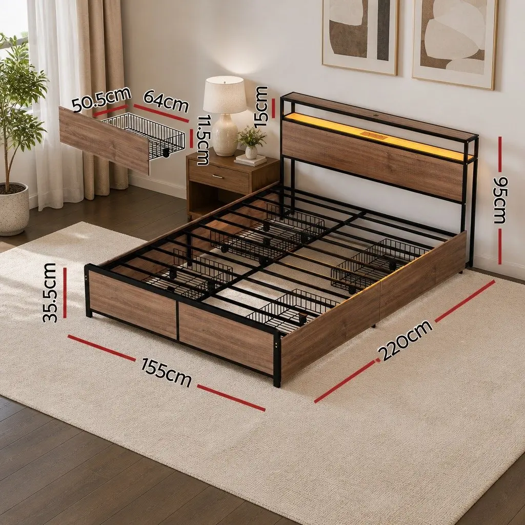Queen Size Metal Bed Frame Black with Storage Headboard 4 Drawers LED Charging