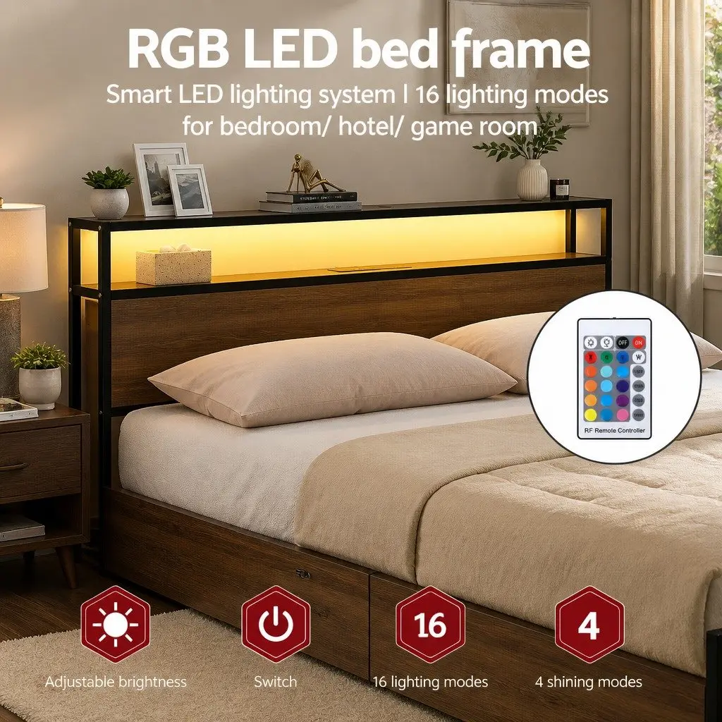 Queen Size Metal Bed Frame Black with Storage Headboard 4 Drawers LED Charging