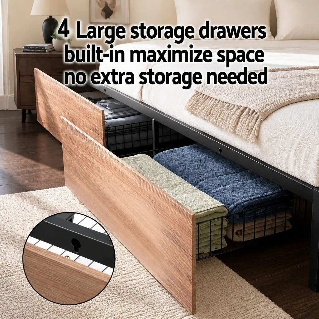 Queen Size Metal Bed Frame Black with Storage Headboard 4 Drawers LED Charging