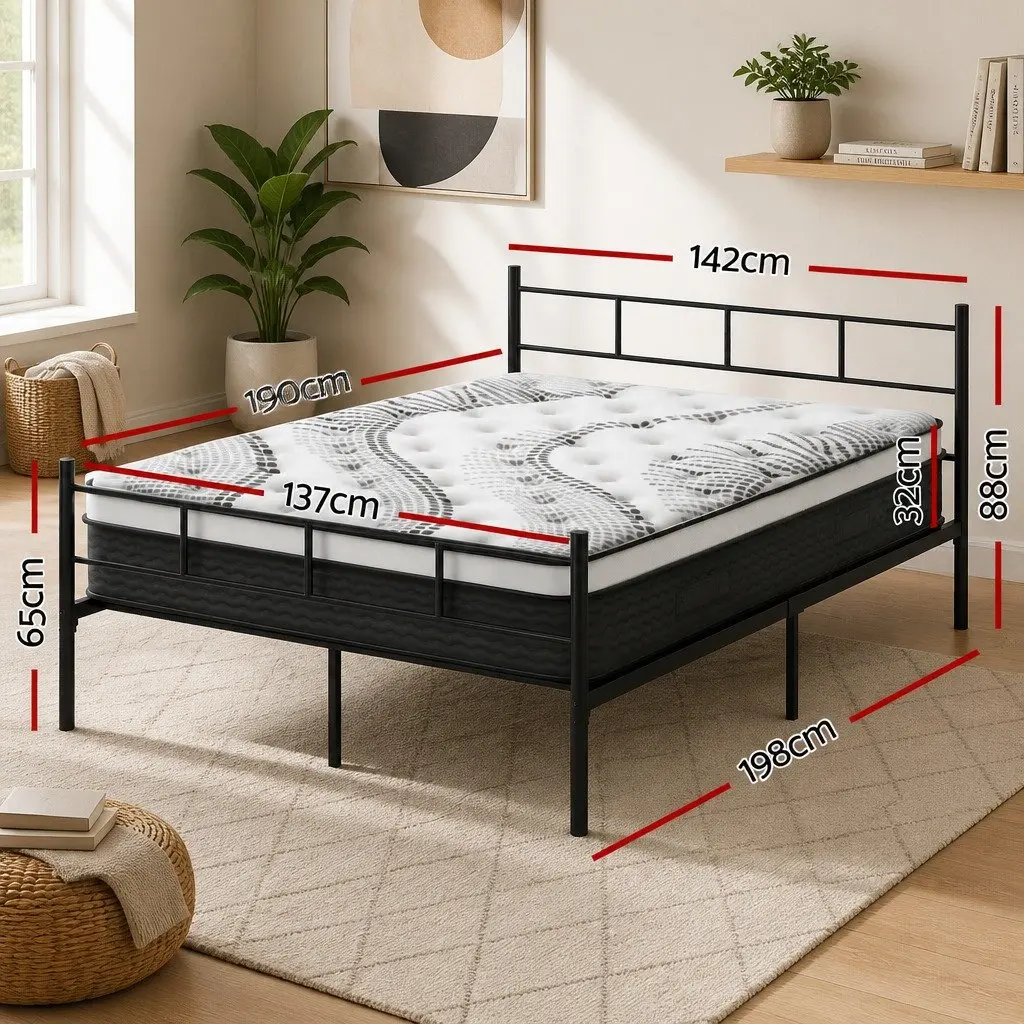 Double Bed Frame with Storage Underneath Euro Top Mattress 32cm Thick Powder Coated Steel Black White