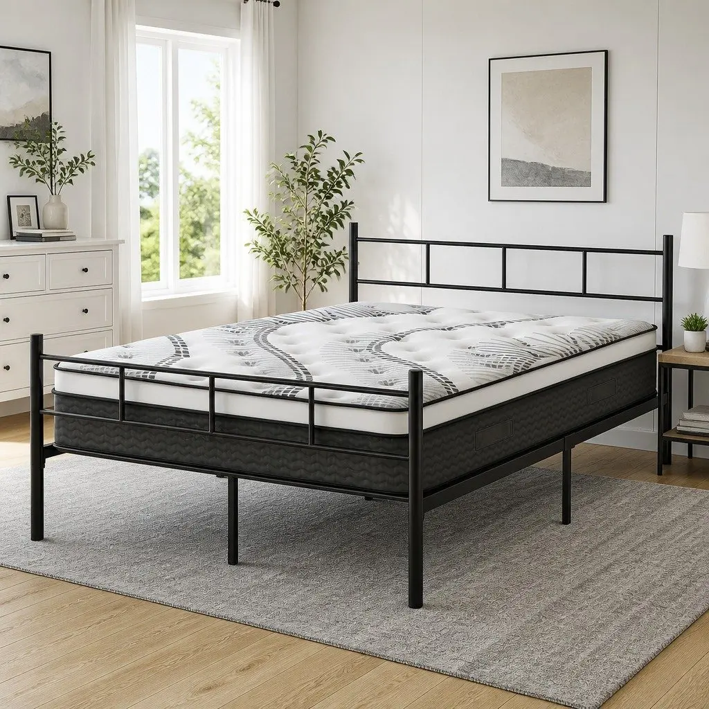 Double Bed Frame with Storage Underneath Euro Top Mattress 32cm Thick Powder Coated Steel Black White