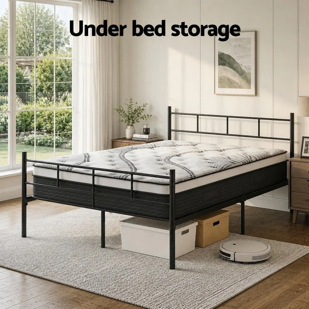 Double Bed Frame with Storage Underneath Euro Top Mattress 32cm Thick Powder Coated Steel Black White
