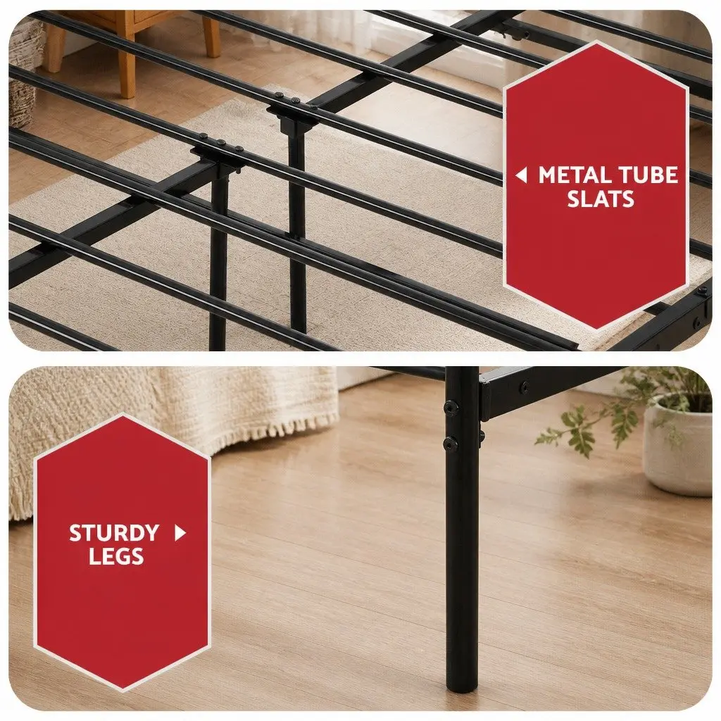 Double Bed Frame with Storage Underneath Euro Top Mattress 32cm Thick Powder Coated Steel Black White