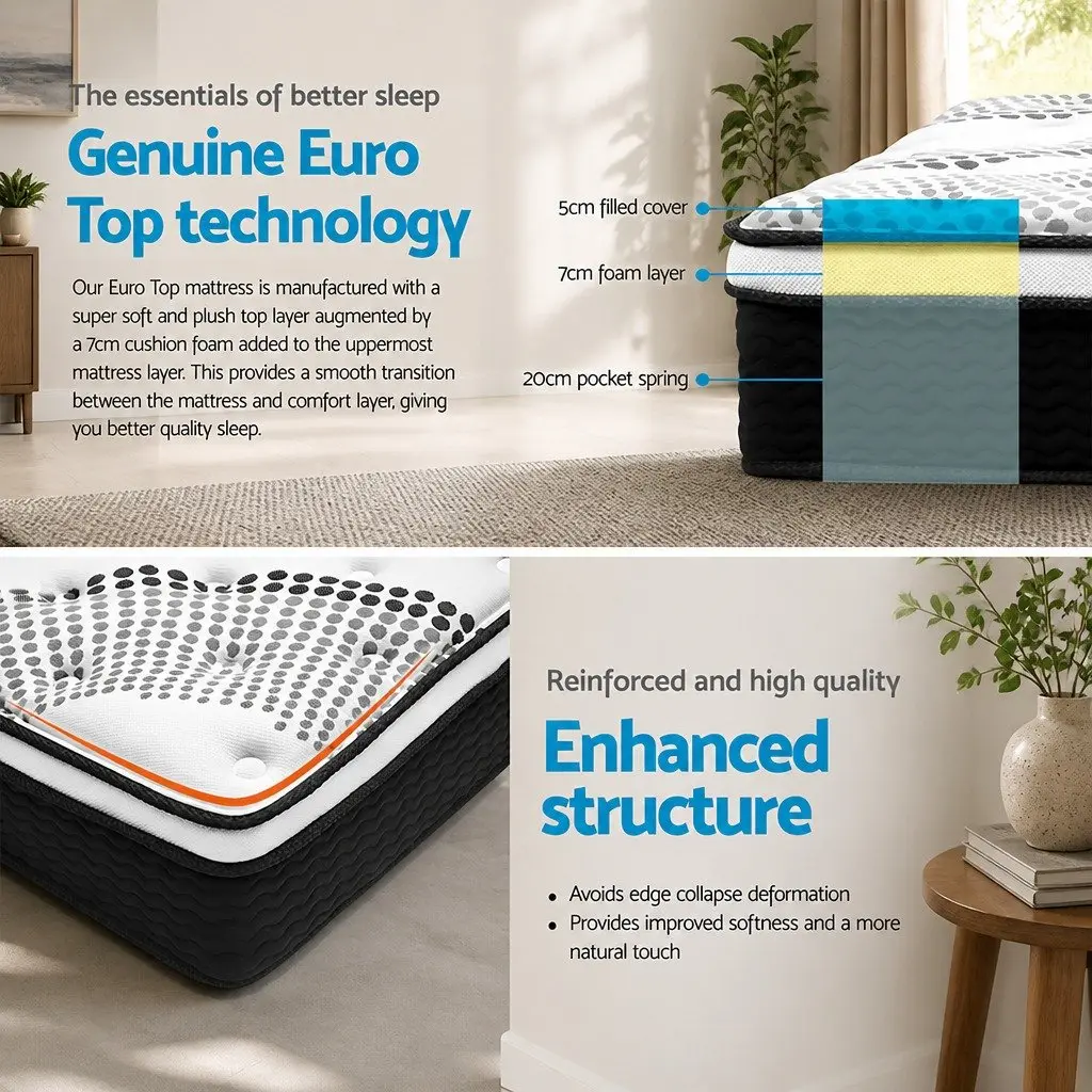Double Bed Frame with Storage Underneath Euro Top Mattress 32cm Thick Powder Coated Steel Black White