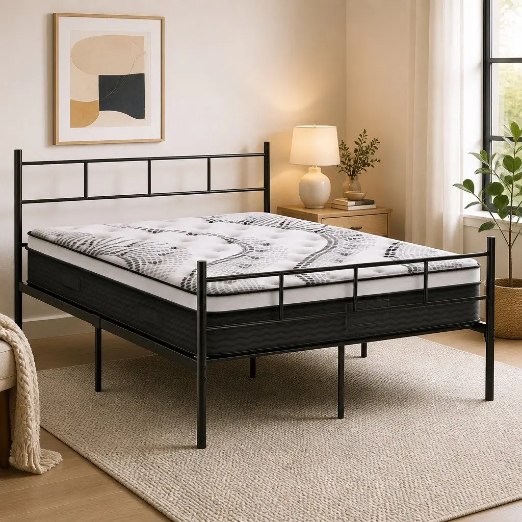 Double Bed Frame with Storage Underneath Euro Top Mattress 32cm Thick Powder Coated Steel Black White