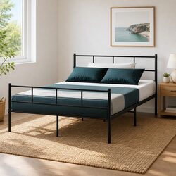 Black Steel Double Bed Frame with Under-Bed Storage