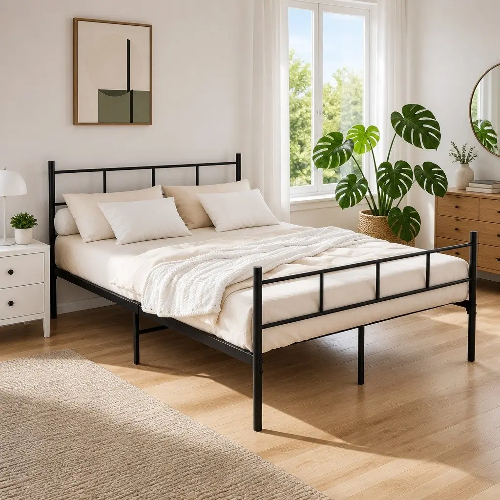 Black Steel Double Bed Frame with Under-Bed Storage