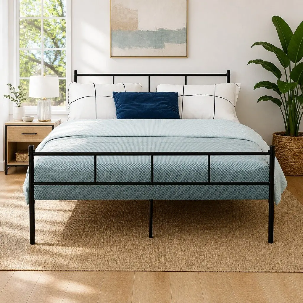 Black Steel Double Bed Frame with Under-Bed Storage
