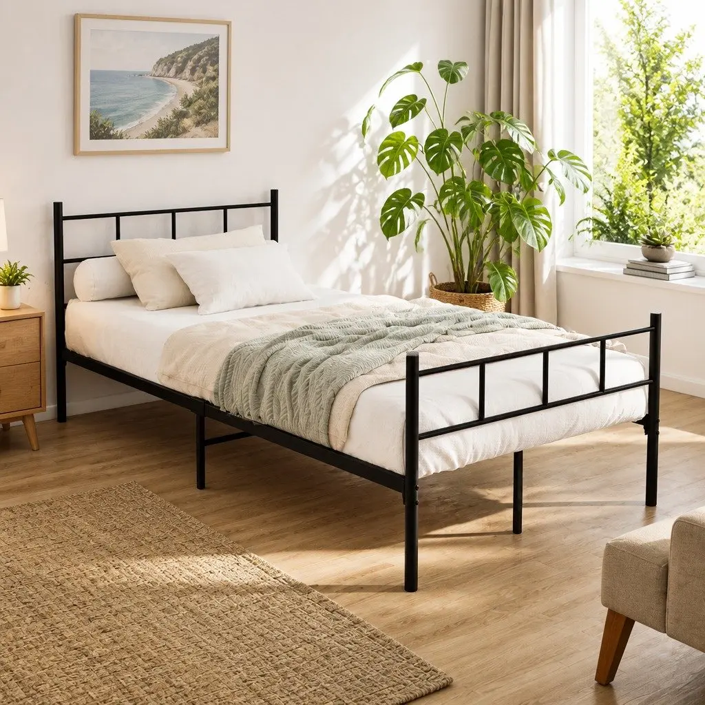 Black Steel King Single Bed Frame with Storage