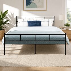 Elegant Queen Metal Bed Frame with Storage in Black