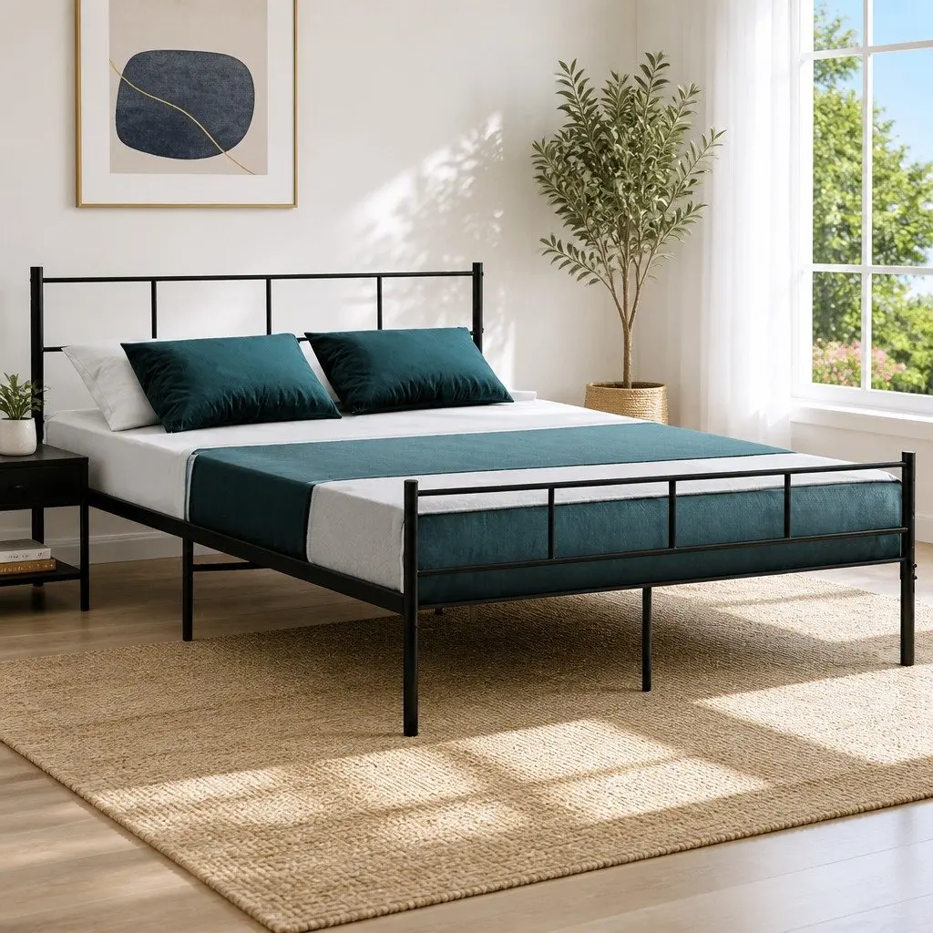 Queen Metal Bed Frame with Storage in Black