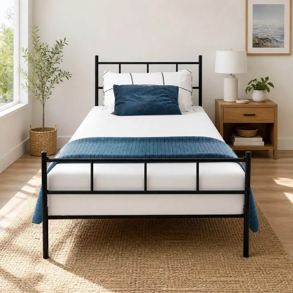 Black Steel Single Bed Frame with Storage Space