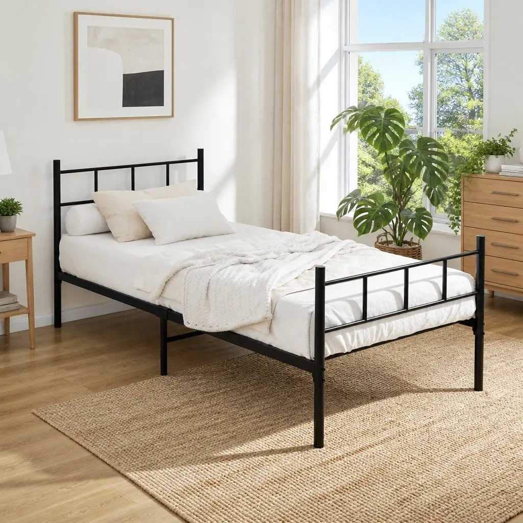 Black Steel Single Bed Frame with Storage Space