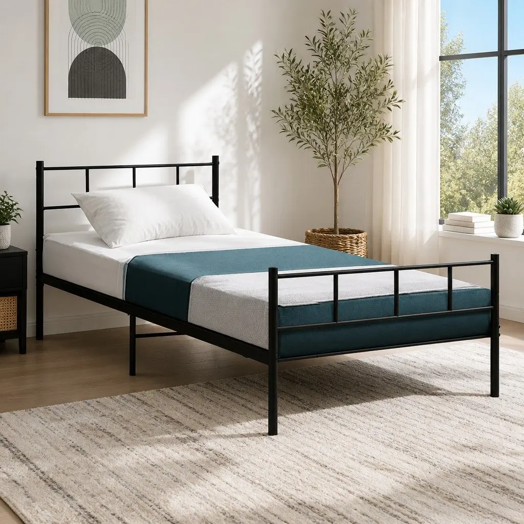 Black Steel Single Bed Frame with Storage Space