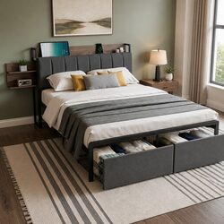 Double Size Metal Bed Frame with Storage and Charging