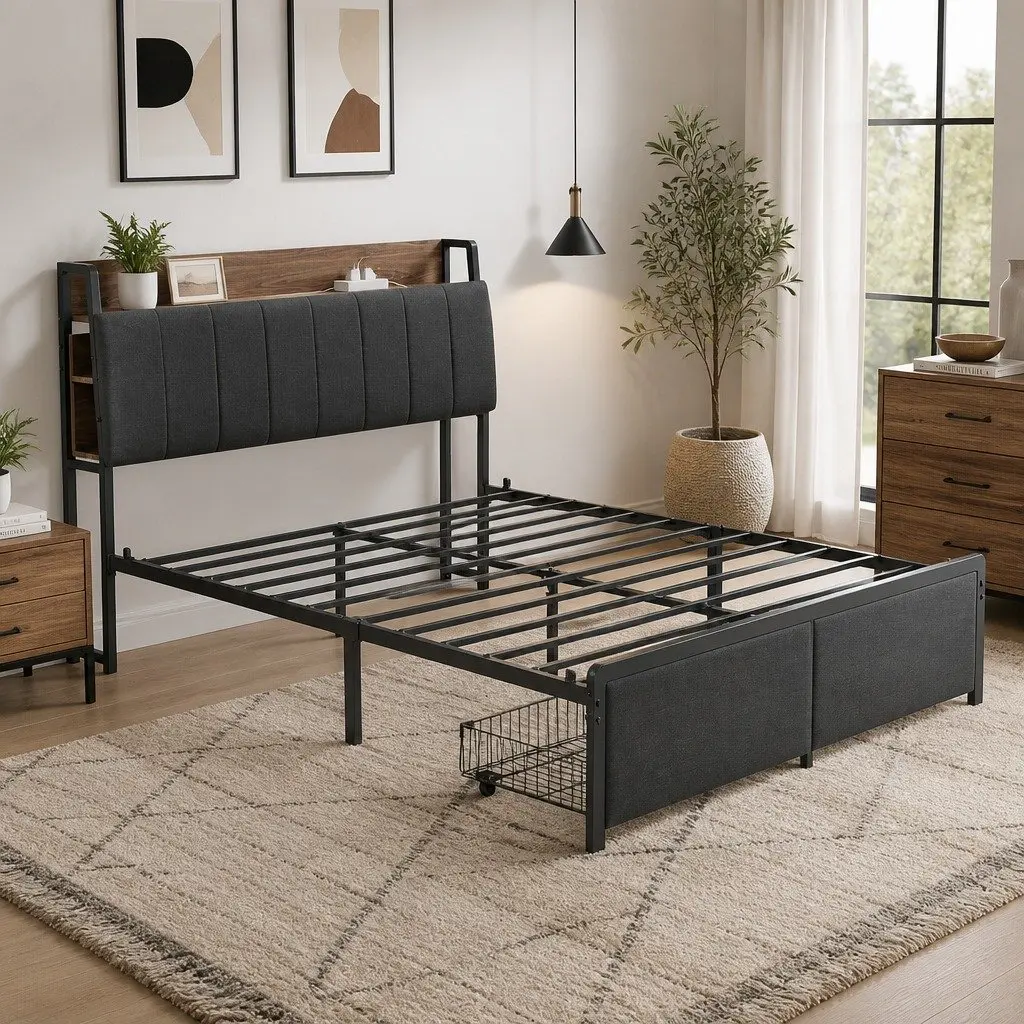 Double Size Metal Bed Frame with Storage and Charging