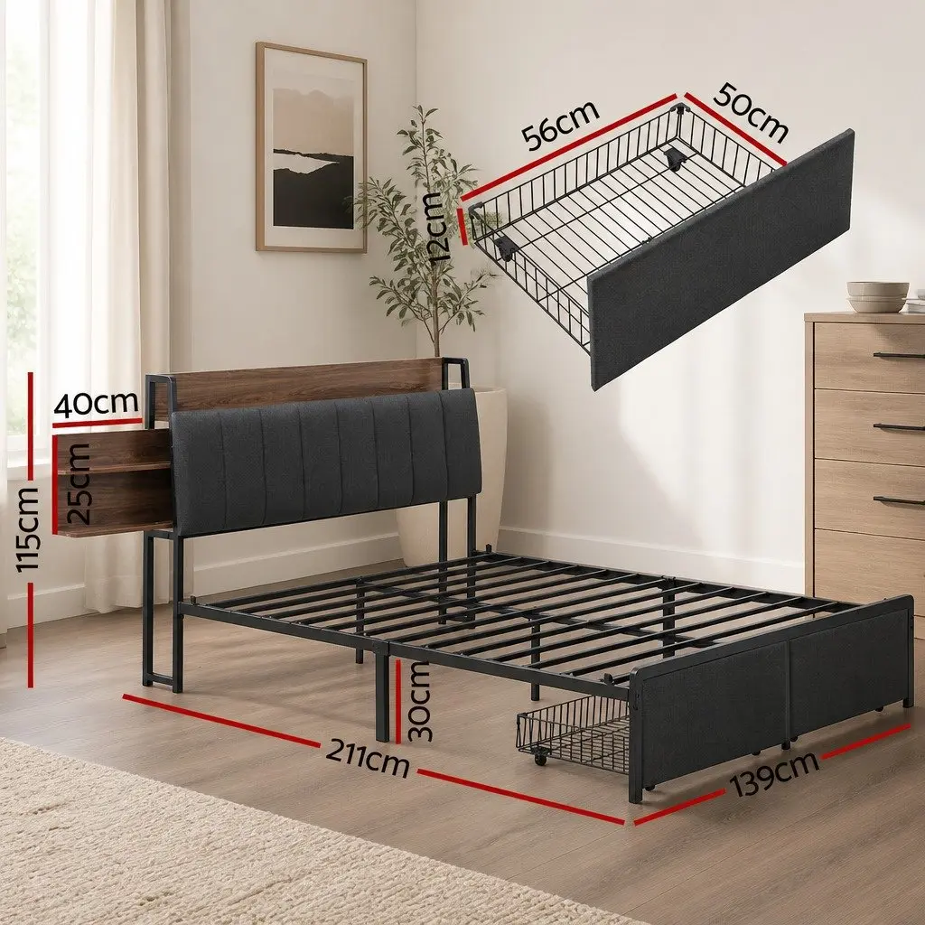 Double Size Metal Bed Frame with Storage and Charging