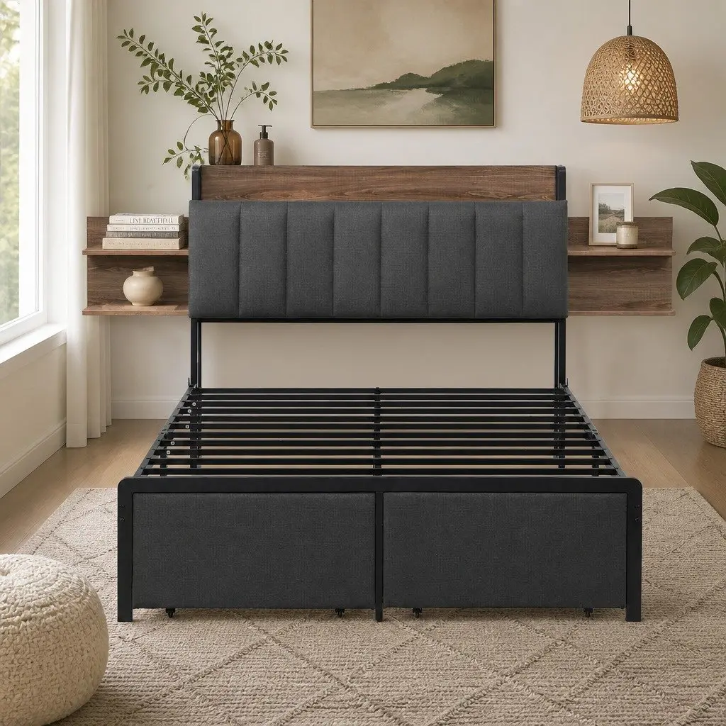 Double Size Metal Bed Frame with Storage and Charging