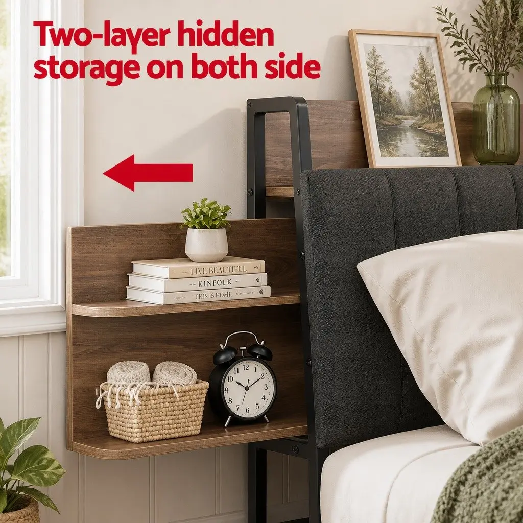 Double Size Metal Bed Frame with Storage and Charging
