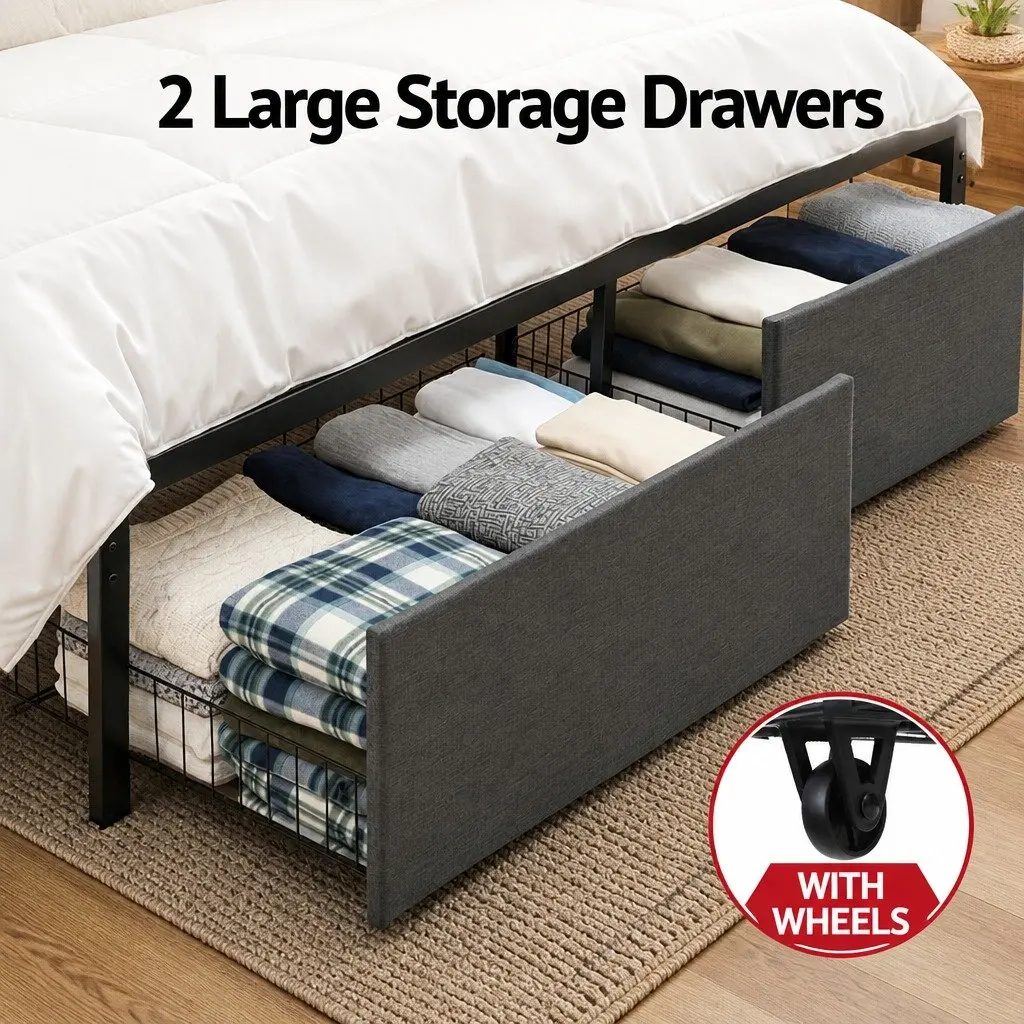 Double Size Metal Bed Frame with Storage and Charging