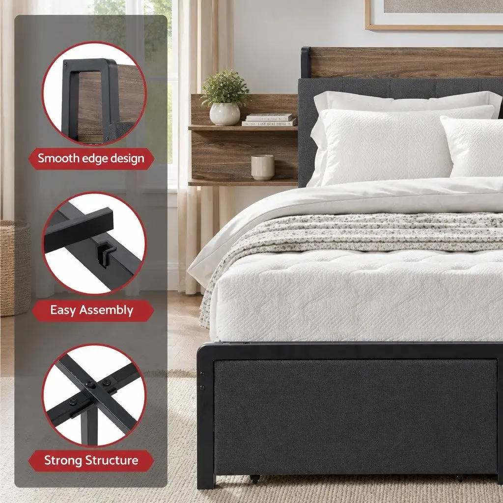 Double Size Metal Bed Frame with Storage and Charging