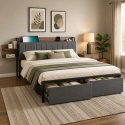 Inviting King Size Metal Bed Frame with Storage & Charging