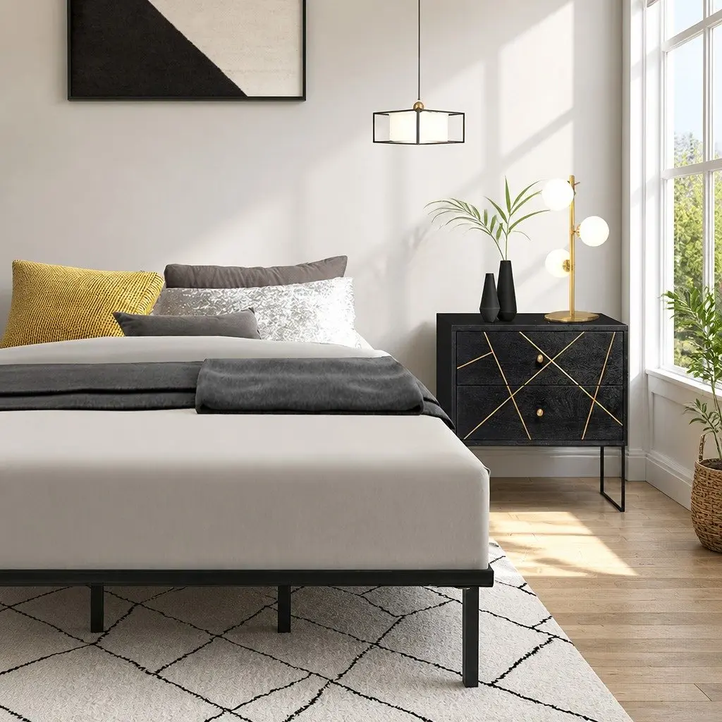 Queen Size Metal Bed Frame with Storage Underneath Steel Black Bedroom