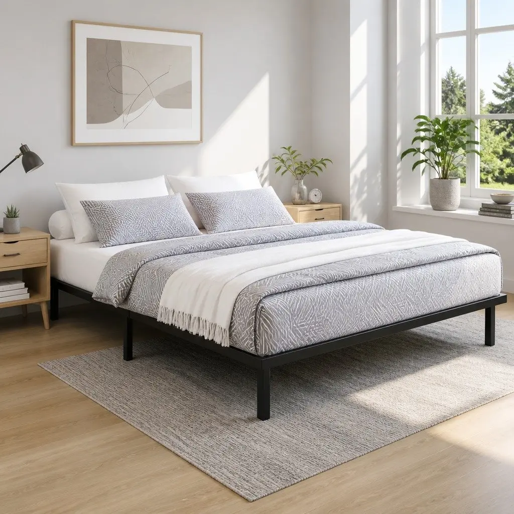 Queen Size Metal Bed Frame with Storage Underneath Steel Black Bedroom