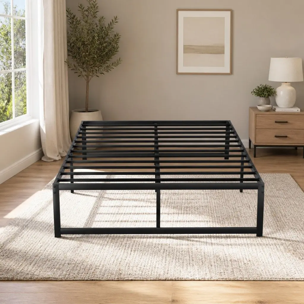 Minimalist Black Double Metal Bed Frame with Storage